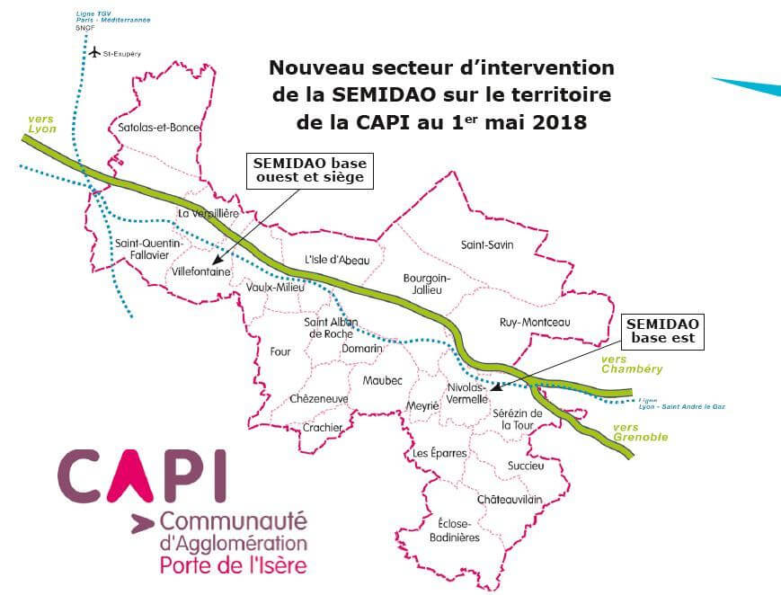 Secteur d'intervention de la SEMIDAO sur l'ensemble du territoire de la CAPI depuis le 1er mai 2018